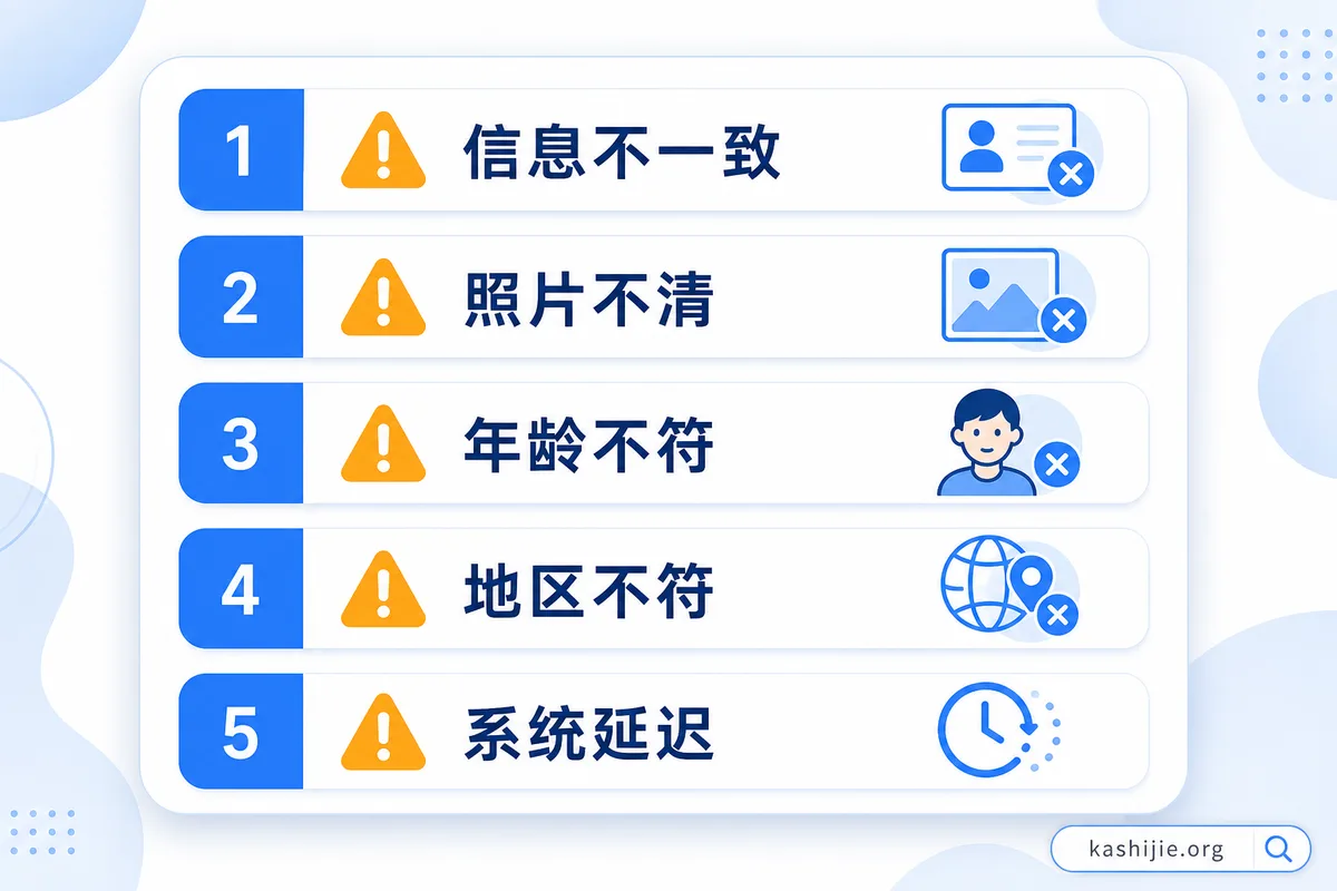 流量卡实名认证失败的五个常见原因：信息不一致、照片不清、年龄不符、地区不符、系统延迟 - kashijie.org