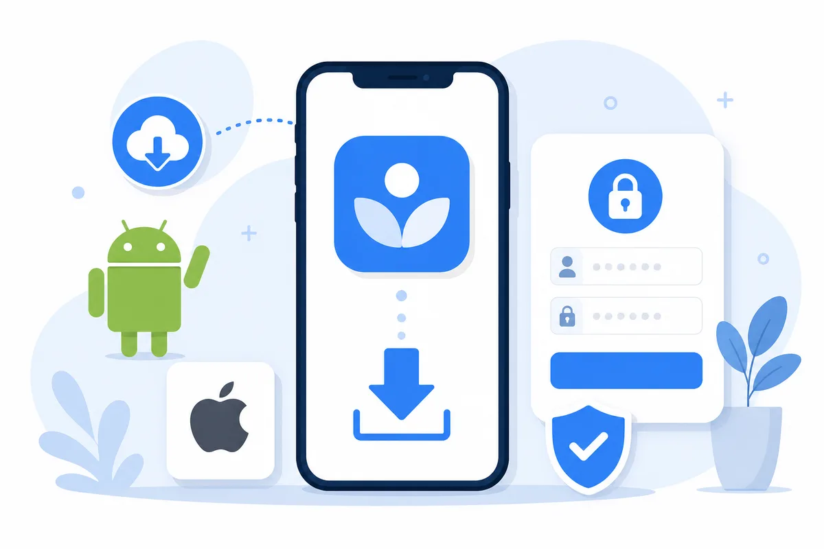 卡世界APP:先注册账号,再从官方入口下载安卓/苹果版并登录 卡世界APP下载与登录示意图:手机下载箭头、安卓与苹果设备、登录锁