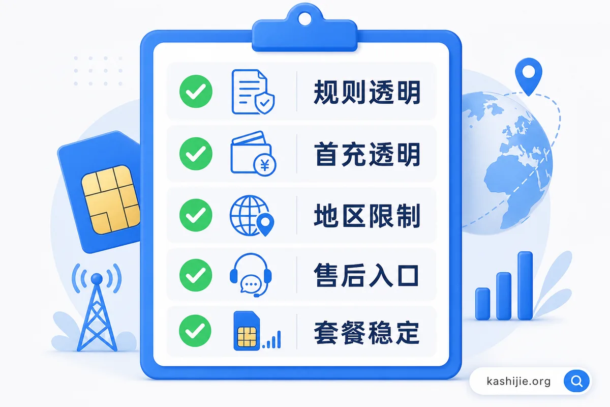 靠谱5点:规则透明、首充透明、地区限制、售后入口、套餐稳定 判断流量卡是否靠谱的5点清单:规则透明、首充透明、地区限制、售后入口、套餐稳定 - kashijie.org
