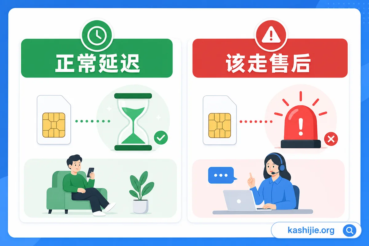 正常延迟就等,超时或卡住再走售后 流量卡套餐生效:正常延迟(继续等)与该走售后(超时)对比 - kashijie.org